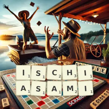 Kreatywna ilustracja do gry w Scrabble ze słowem ISCHIASAMI ułożonym z płytek na planszy.