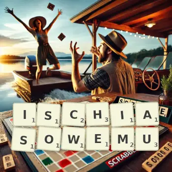 Kreatywna ilustracja do gry w Scrabble ze słowem ISCHIASOWEMU ułożonym z płytek na planszy.