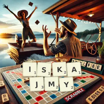 Kreatywna ilustracja do gry w Scrabble ze słowem ISKAJMY ułożonym z płytek na planszy.