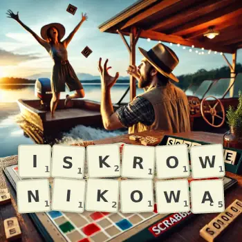 Kreatywna ilustracja do gry w Scrabble ze słowem ISKROWNIKOWĄ ułożonym z płytek na planszy.