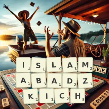 Kreatywna ilustracja do gry w Scrabble ze słowem ISLAMABADZKICH ułożonym z płytek na planszy.