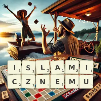 Kreatywna ilustracja do gry w Scrabble ze słowem ISLAMICZNEMU ułożonym z płytek na planszy.