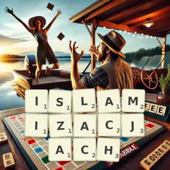Kreatywna ilustracja do gry w Scrabble ze słowem ISLAMIZACJACH ułożonym z płytek na planszy.
