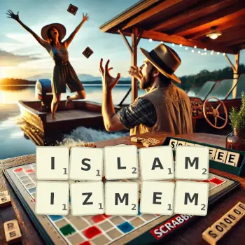 Kreatywna ilustracja do gry w Scrabble ze słowem ISLAMIZMEM ułożonym z płytek na planszy.