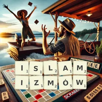Kreatywna ilustracja do gry w Scrabble ze słowem ISLAMIZMÓW ułożonym z płytek na planszy.