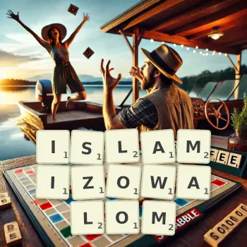 Kreatywna ilustracja do gry w Scrabble ze słowem ISLAMIZOWALOM ułożonym z płytek na planszy.