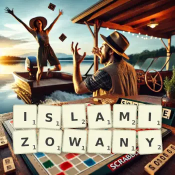 Kreatywna ilustracja do gry w Scrabble ze słowem ISLAMIZOWANY ułożonym z płytek na planszy.