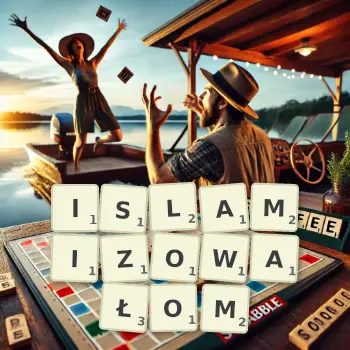 Kreatywna ilustracja do gry w Scrabble ze słowem ISLAMIZOWAŁOM ułożonym z płytek na planszy.