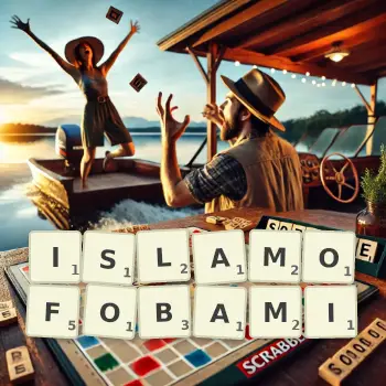 Kreatywna ilustracja do gry w Scrabble ze słowem ISLAMOFOBAMI ułożonym z płytek na planszy.