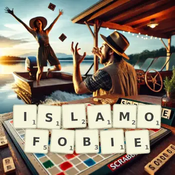 Kreatywna ilustracja do gry w Scrabble ze słowem ISLAMOFOBIE ułożonym z płytek na planszy.