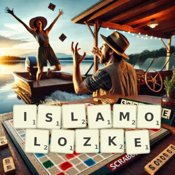 Kreatywna ilustracja do gry w Scrabble ze słowem ISLAMOLOZKE ułożonym z płytek na planszy.
