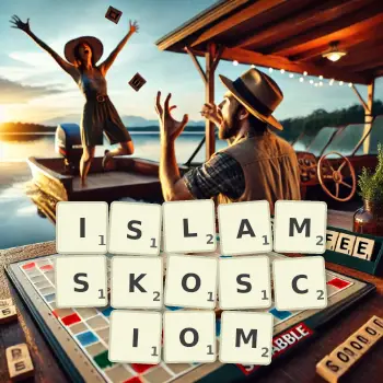 Kreatywna ilustracja do gry w Scrabble ze słowem ISLAMSKOSCIOM ułożonym z płytek na planszy.