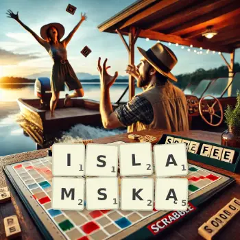 Kreatywna ilustracja do gry w Scrabble ze słowem ISLAMSKĄ ułożonym z płytek na planszy.