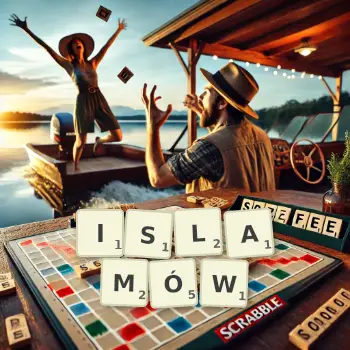 Kreatywna ilustracja do gry w Scrabble ze słowem ISLAMÓW ułożonym z płytek na planszy.