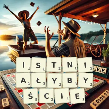 Kreatywna ilustracja do gry w Scrabble ze słowem ISTNIAŁYBYŚCIE ułożonym z płytek na planszy.