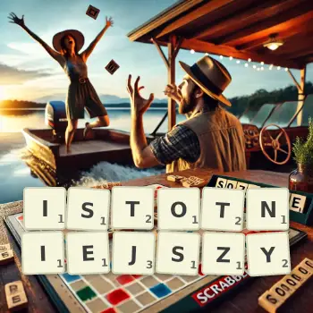 Kreatywna ilustracja do gry w Scrabble ze słowem ISTOTNIEJSZY ułożonym z płytek na planszy.