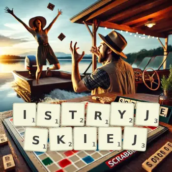 Kreatywna ilustracja do gry w Scrabble ze słowem ISTRYJSKIEJ ułożonym z płytek na planszy.