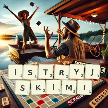 Kreatywna ilustracja do gry w Scrabble ze słowem ISTRYJSKIMI ułożonym z płytek na planszy.
