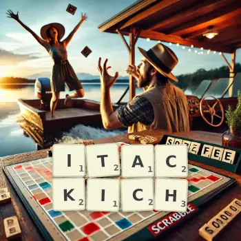 Kreatywna ilustracja do gry w Scrabble ze słowem ITACKICH ułożonym z płytek na planszy.