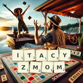 Kreatywna ilustracja do gry w Scrabble ze słowem ITACYZMOM ułożonym z płytek na planszy.