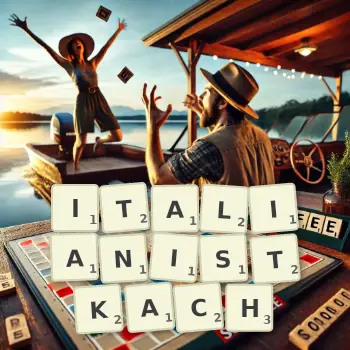 Kreatywna ilustracja do gry w Scrabble ze słowem ITALIANISTKACH ułożonym z płytek na planszy.