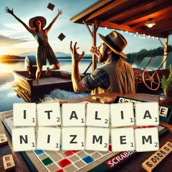 Kreatywna ilustracja do gry w Scrabble ze słowem ITALIANIZMEM ułożonym z płytek na planszy.