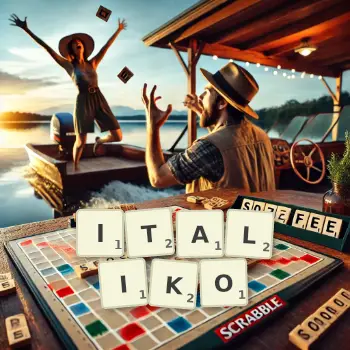 Kreatywna ilustracja do gry w Scrabble ze słowem ITALIKO ułożonym z płytek na planszy.