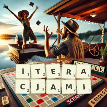 Kreatywna ilustracja do gry w Scrabble ze słowem ITERACJAMI ułożonym z płytek na planszy.