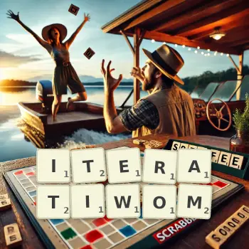 Kreatywna ilustracja do gry w Scrabble ze słowem ITERATIWOM ułożonym z płytek na planszy.