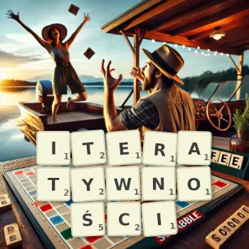 Kreatywna ilustracja do gry w Scrabble ze słowem ITERATYWNOŚCI ułożonym z płytek na planszy.