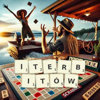 Kreatywna ilustracja do gry w Scrabble ze słowem ITERBITÓW ułożonym z płytek na planszy.