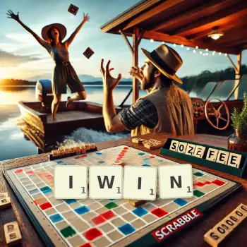 Kreatywna ilustracja do gry w Scrabble ze słowem IWIN ułożonym z płytek na planszy.
