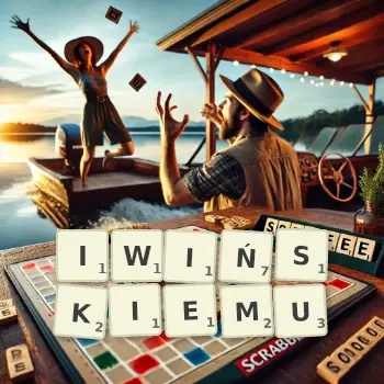 Kreatywna ilustracja do gry w Scrabble ze słowem IWIŃSKIEMU ułożonym z płytek na planszy.