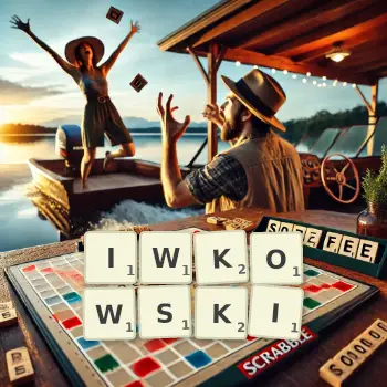 Kreatywna ilustracja do gry w Scrabble ze słowem IWKOWSKI ułożonym z płytek na planszy.