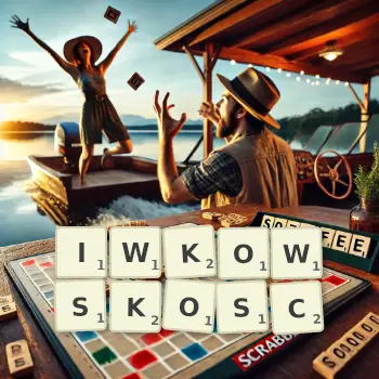 Kreatywna ilustracja do gry w Scrabble ze słowem IWKOWSKOSC ułożonym z płytek na planszy.
