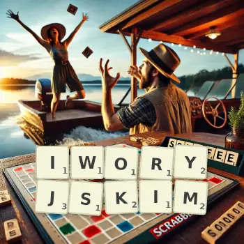Kreatywna ilustracja do gry w Scrabble ze słowem IWORYJSKIM ułożonym z płytek na planszy.