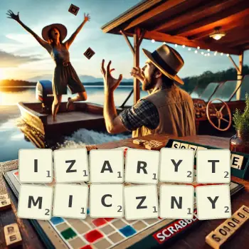Kreatywna ilustracja do gry w Scrabble ze słowem IZARYTMICZNY ułożonym z płytek na planszy.