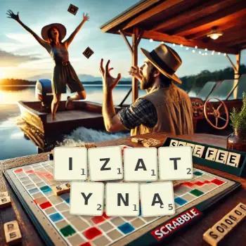 Kreatywna ilustracja do gry w Scrabble ze słowem IZATYNĄ ułożonym z płytek na planszy.