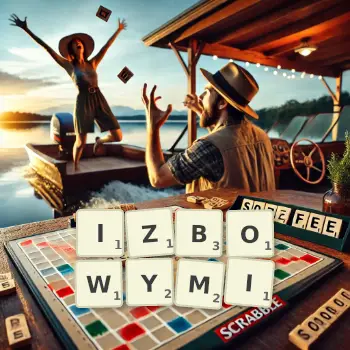 Kreatywna ilustracja do gry w Scrabble ze słowem IZBOWYMI ułożonym z płytek na planszy.