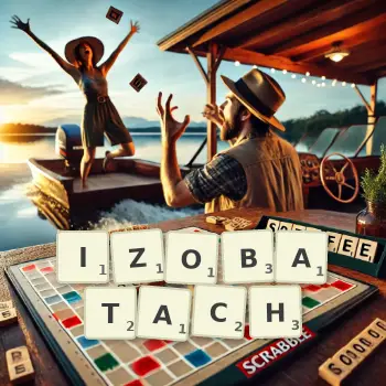 Kreatywna ilustracja do gry w Scrabble ze słowem IZOBATACH ułożonym z płytek na planszy.