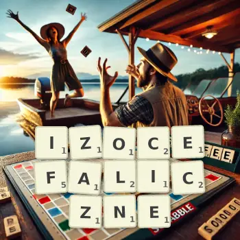 Kreatywna ilustracja do gry w Scrabble ze słowem IZOCEFALICZNE ułożonym z płytek na planszy.