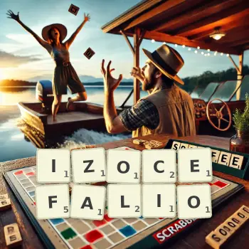 Kreatywna ilustracja do gry w Scrabble ze słowem IZOCEFALIO ułożonym z płytek na planszy.
