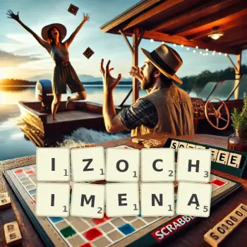 Kreatywna ilustracja do gry w Scrabble ze słowem IZOCHIMENĄ ułożonym z płytek na planszy.
