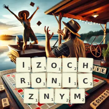 Kreatywna ilustracja do gry w Scrabble ze słowem IZOCHRONICZNYM ułożonym z płytek na planszy.