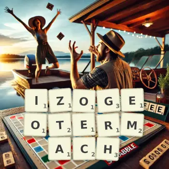 Kreatywna ilustracja do gry w Scrabble ze słowem IZOGEOTERMACH ułożonym z płytek na planszy.
