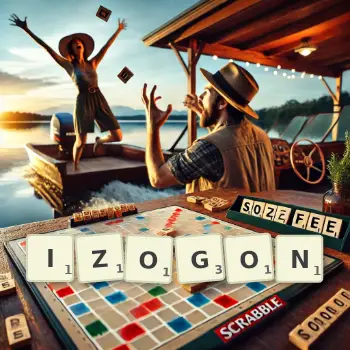 Kreatywna ilustracja do gry w Scrabble ze słowem IZOGON ułożonym z płytek na planszy.