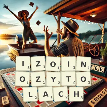 Kreatywna ilustracja do gry w Scrabble ze słowem IZOINOZYTOLACH ułożonym z płytek na planszy.