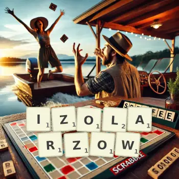 Kreatywna ilustracja do gry w Scrabble ze słowem IZOLARZOW ułożonym z płytek na planszy.