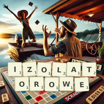 Kreatywna ilustracja do gry w Scrabble ze słowem IZOLATOROWE ułożonym z płytek na planszy.