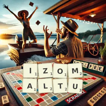 Kreatywna ilustracja do gry w Scrabble ze słowem IZOMALTU ułożonym z płytek na planszy.